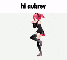 a girl with red hair is dancing with the words hi aubrey behind her
