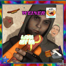 a picture of a man holding a hot dog with the word weiner written above him