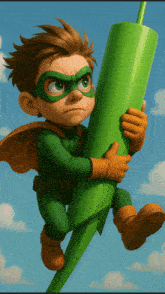 a cartoon of a boy in a green superhero costume holding a green object
