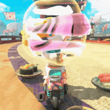 a person riding a scooter in a video game with a bubble coming out of their head
