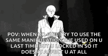 a man in a white coat is standing in front of a black background with a quote on it .
