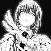 a black and white drawing of a girl in a suit and tie holding her hands up .