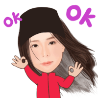 a cartoon of a woman wearing a red jacket and a black hat with the words ok above her