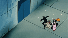 a cartoon drawing of a man and a woman walking on a sidewalk