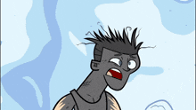 a cartoon drawing of a man with a mohawk and the letter h on his chest