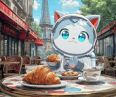 a cartoon cat sitting at a table with a croissant and a cup of coffee