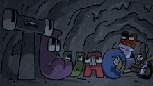 a cartoon drawing of the letters t j and a in a cave