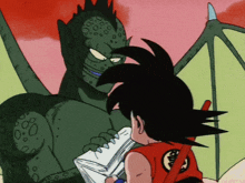 a cartoon character named goku is holding a piece of paper in front of a monster