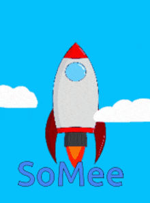 a rocket is flying through the sky with the name somee below it