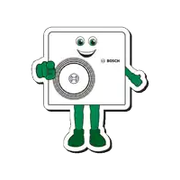 a bosch mascot with green arms and legs is holding a plate