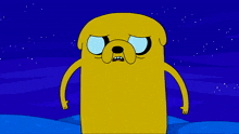 a cartoon character with a sad look on his face is standing in front of a blue sky