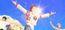 a group of anime characters with their arms outstretched in the air