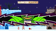 a screen shot of a video game with a green monster with a huge smile