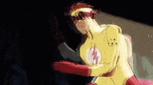 a cartoon character in a yellow and red superhero costume is standing in a dark room .