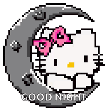 a pixel art of hello kitty sitting on a crescent moon with the words `` good night '' written below her .