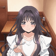 a girl with long purple hair is holding a fork and smiling