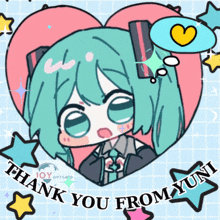 a drawing of hatsune miku in a heart with the words thank you from yun