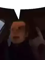 a man is sitting in the driver 's seat of a car with a speech bubble .