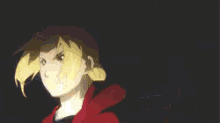 a close up of a cartoon character 's face with a red jacket on