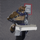 a cartoon character is holding a box in front of a sign that says burgers of the day