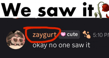 a picture of a stuffed animal with the words " we saw it zaygurt cute okay no one saw it "
