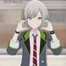 a girl with gray hair and a red and white tie is wearing a jacket and tie