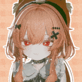 a close up of a girl with red eyes and a cross on her ear