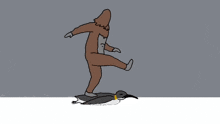 a drawing of a man in a brown suit standing next to a penguin