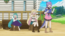 three anime characters are standing in front of a wooden cabin