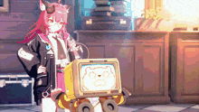 a girl with red hair is standing next to a yellow box that says tallero on it