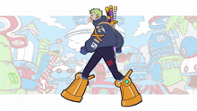 a cartoon drawing of a man with a sword and a jacket that says vega on it
