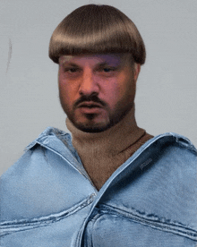 a man with a beard wearing a turtleneck and a denim jacket with the word denim on it