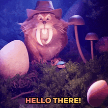 a cartoon of a cat with a cowboy hat and the words hello there