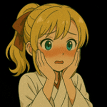 a cartoon girl with blonde hair and green eyes is covering her mouth with her hands