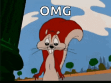 a cartoon squirrel is standing in front of a tree with the word omg above it