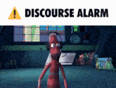 a cartoon character wearing headphones stands in front of a screen that says discourse alarm