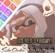 a poster that says it 's neo 3 friday next to a cartoon character