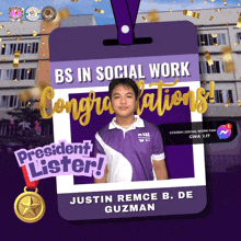 justin remce b. de guzman is the president lister of the bs in social work