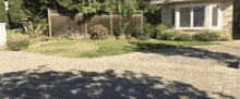 a driveway leading to a house with a wooden fence behind it