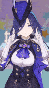 a girl with long dark hair is wearing a blue and white outfit