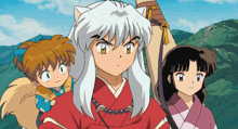 a group of anime characters are standing next to each other and one of them has a necklace around his neck