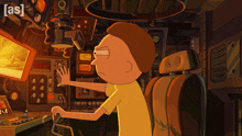 a cartoon of rick and morty sitting in a control room with the word [ as ] on the bottom
