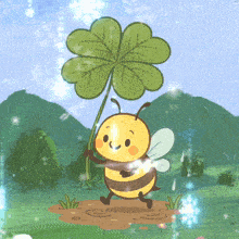 a cartoon of a bee holding a clover in a field