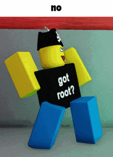 a roblox character is wearing a black shirt that says " got root "