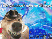 a dog wearing a hat with the words " i bet you don 't own an airfryer "