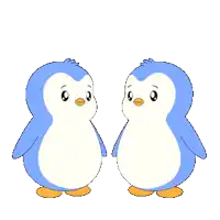 two blue and white penguins standing next to each other on a white background
