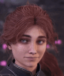 a woman with red hair and blue eyes is wearing a black jacket and a ponytail .