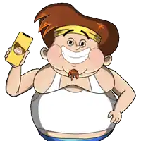 a cartoon man is holding a cell phone with a picture of a man on it