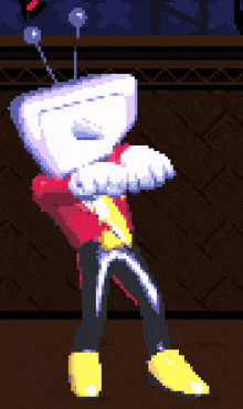 a pixel art drawing of a cartoon character with a white head