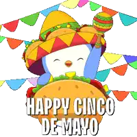 a penguin wearing a sombrero is holding a maraca and a hamburger with the words happy cinco de mayo written below it